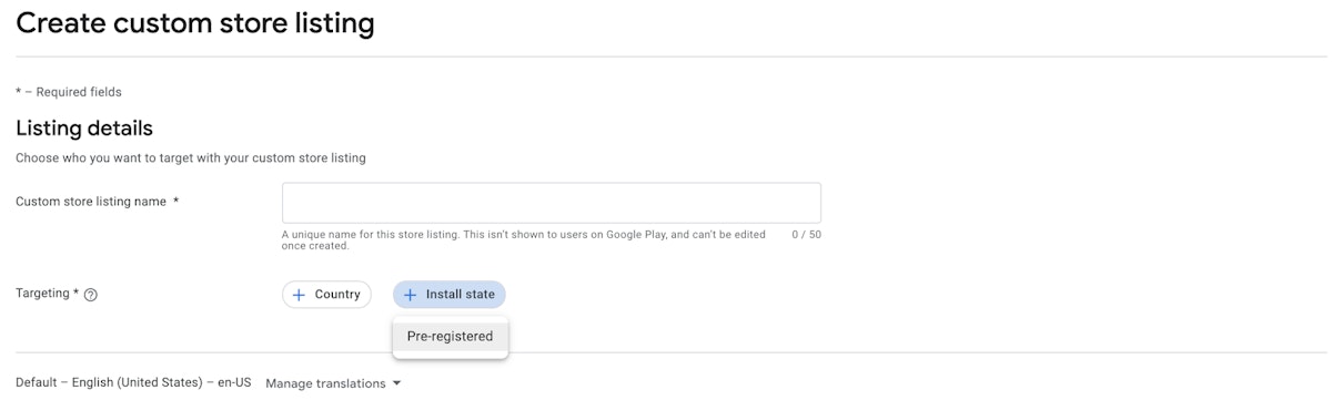 Google Play Console custom store listings creation interface